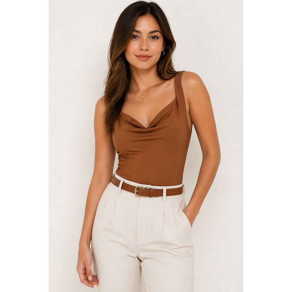 Banana Republic Cowl Neck Bodysuit L Brown Sleeveless Chic